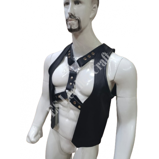 Men's Genuine Leather Vest with Adjustable X Harness Detailing for Bikers and Fetish 