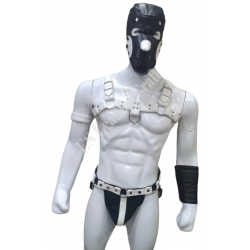  "Ultimate Puppy Play Bundle: Leather Chest Harness, Jockstrap, Handcuffs and Pup Hood Mask for Extreme BDSM and Fetish Roleplay"