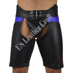 Men's Leather Short Chaps 'Biker Boy' - Adjustable Buckle, Laces Fly, and Riveted Details for a Stylish and Erotic BDSM Fetish Wear Experience