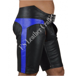 Men's Leather Short Chaps 'Biker Boy' - Adjustable Buckle, Laces Fly, and Riveted Details for a Stylish and Erotic BDSM Fetish Wear Experience