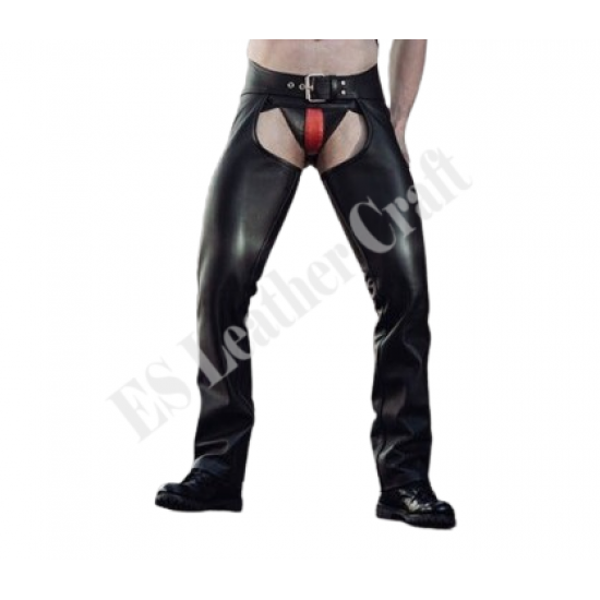 Men's Leather Chap Handmade Cowhide Leather Gay Chap Black Leather With Red Combination Adult Chap