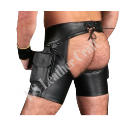Men’s Leather Short Chaps – Biker, Fetish & Clubwear Thigh Chaps with Adjustable Side Laces – Sexy Gay Pride & Bondage Outfit