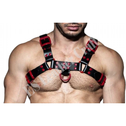 Men's Real Black Leather Bulldog Chest Harness With Red Accessory - Handcrafted Bulldog Harness - Plus Size Options - Edgy Leather Outfit