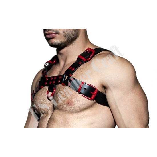 Men's Real Black Leather Bulldog Chest Harness With Red Accessory - Handcrafted Bulldog Harness - Plus Size Options - Edgy Leather Outfit Men's Real Black Leather Bulldog Chest Harness With Red Accessory - Handcrafted Bulldog Harness - Plus Size Options - Edgy Leather Outfit