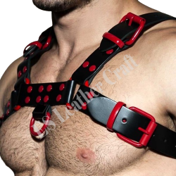 Men's Real Black Leather Bulldog Chest Harness With Red Accessory - Handcrafted Bulldog Harness - Plus Size Options - Edgy Leather Outfit