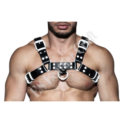 Men's Real Black Leather Bulldog Chest Harness With White Accessory - Handcrafted Bulldog Harness - Plus Size Options - Edgy Leather Outfit