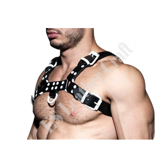 Men's Real Black Leather Bulldog Chest Harness With White Accessory - Handcrafted Bulldog Harness - Plus Size Options - Edgy Leather Outfit Men's Real Black Leather Bulldog Chest Harness With White Accessory - Handcrafted Bulldog Harness - Plus Size Options - Edgy Leather Outfit