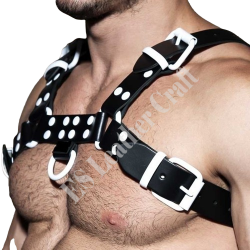 Men's Real Black Leather Bulldog Chest Harness With White Accessory - Handcrafted Bulldog Harness - Plus Size Options - Edgy Leather Outfit