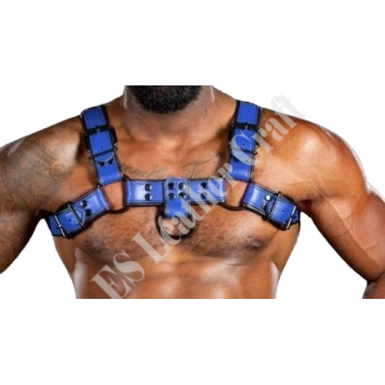 Blue Chest Harness with Black Piping - Men's Leather Bulldog Harness - Adjustable Fetish & BDSM Gear - Stylish Bondage Harness