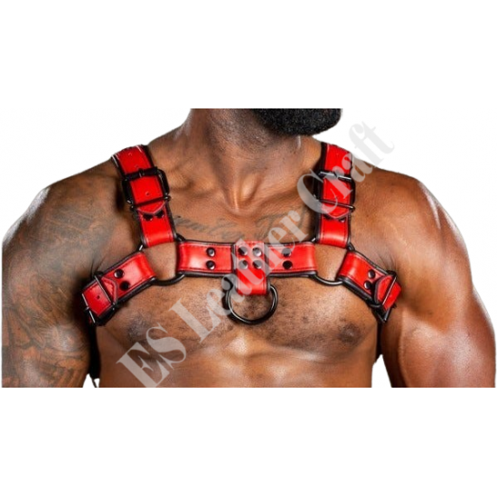 Red Chest Harness with Black Piping - Men's Leather Bulldog Harness - Fetish & BDSM Gear - Adjustable Harness for Men