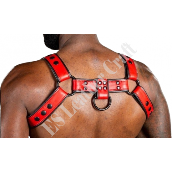 Red Chest Harness with Black Piping - Men's Leather Bulldog Harness - Fetish & BDSM Gear - Adjustable Harness for Men