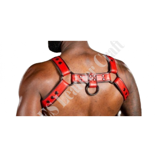 Red Chest Harness with Black Piping - Men's Leather Bulldog Harness - Fetish & BDSM Gear - Adjustable Harness for Men