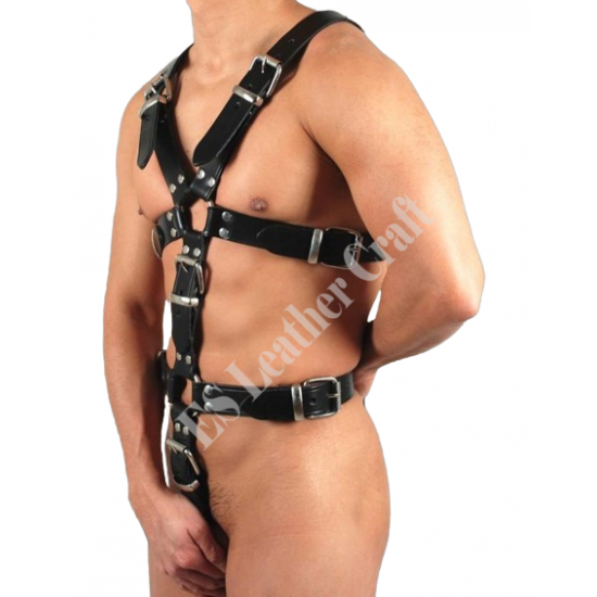Black Leather Full Bulldog Harness - Men’s Leather Harness with Silver or Black Snaps & Ring - O-Ring Harness (Without Jockstrap) - BDSM Gear Black Leather Full Bulldog Harness - Men’s Leather Harness with Silver or Black Snaps & Ring - O-Ring Harness (Without Jockstrap) - BDSM Gear
