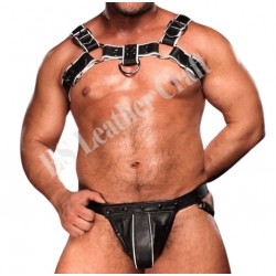 Genuine Leather Harness with Jockstrap | Muscular Leather Look Harness Plus Jockstrap with White Piping