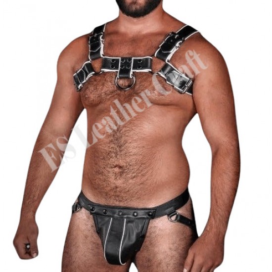 Genuine Leather Harness with Jockstrap | Muscular Leather Look Harness Plus Jockstrap with White Piping