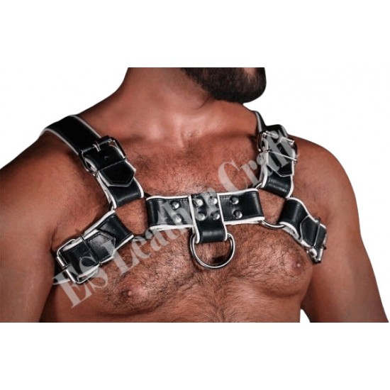 Genuine Leather Harness with Jockstrap | Muscular Leather Look Harness Plus Jockstrap with White Piping