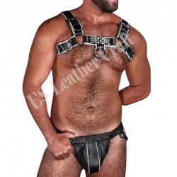 Genuine Leather Harness with Jockstrap | Muscular Leather Look Harness Plus Jockstrap with White Piping