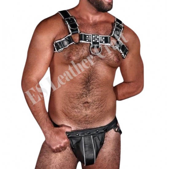 Genuine Leather Harness with Jockstrap | Muscular Leather Look Harness Plus Jockstrap with White Piping Genuine Leather Harness with Jockstrap | Muscular Leather Look Harness Plus Jockstrap with White Piping
