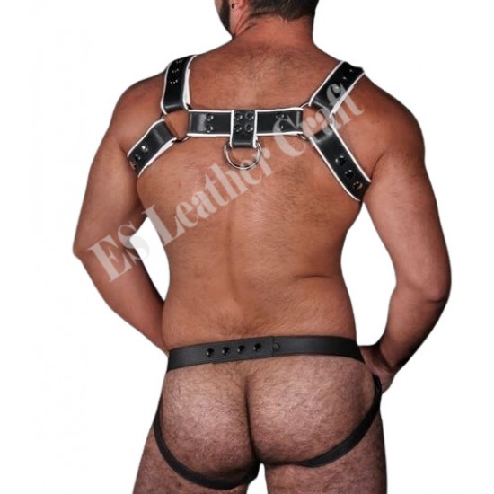 Genuine Leather Harness with Jockstrap | Muscular Leather Look Harness Plus Jockstrap with White Piping