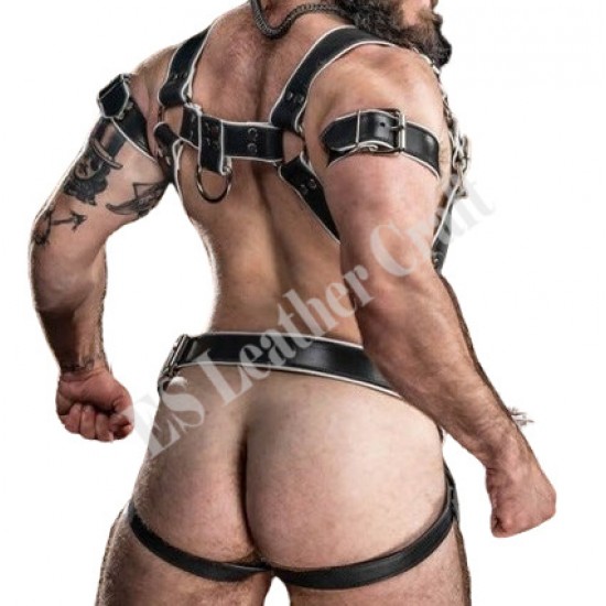 Men Genuine Black Leather Harness Jock Strap Set Body Harnesses Bull Dog Harness Men Fetish Harness Men Bondage Harness, BDSM Body Harness