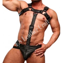 Original Black Leather Trojan Hunter Body Harness with Blue Piping Connected with Trojan Jockstrap | Leather Full Body Gay Harness Men