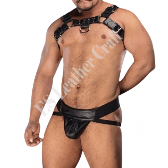 Black Leather with Black Piping Chest Harness and Jockstrap | Gay Adult Harness | BDSM Bondage Harness Jockstrap | Club Wear Costumes Harness