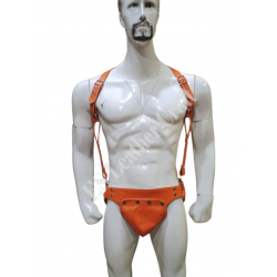 Men’s Orange Genuine Leather Chest Harness & Pouch Set – Handmade Adjustable Leather Body Gear
