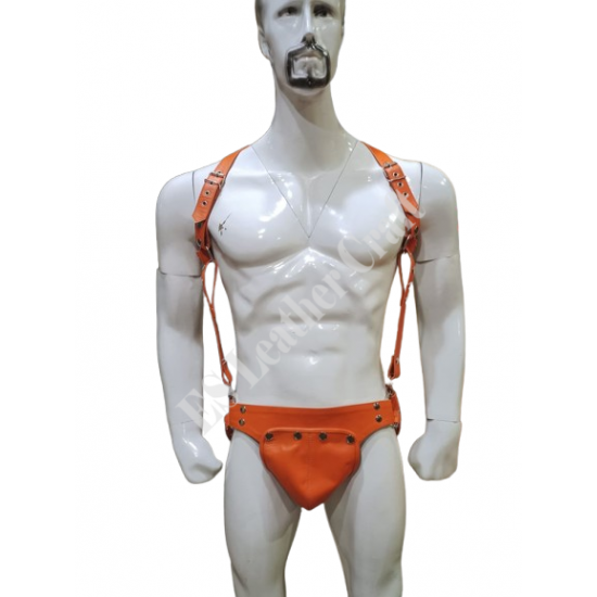 Men’s Orange Genuine Leather Chest Harness & Pouch Set – Handmade Adjustable Leather Body Gear