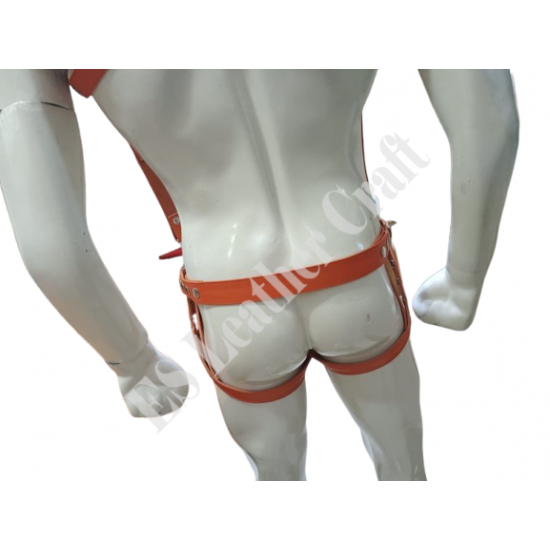 Men’s Orange Genuine Leather Chest Harness & Pouch Set – Handmade Adjustable Leather Body Gear