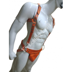 Men’s Orange Genuine Leather Chest Harness & Pouch Set – Handmade Adjustable Leather Body Gear