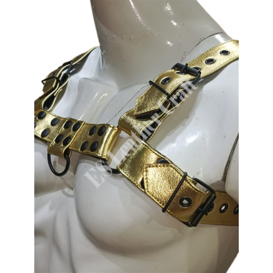 Men’s Gold Leather Chest Harness & Matching Pouch Set – Adjustable Handmade Leather Gear