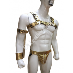 Men’s Gold Leather Chest Harness & Matching Pouch Set – Adjustable Handmade Leather Gear