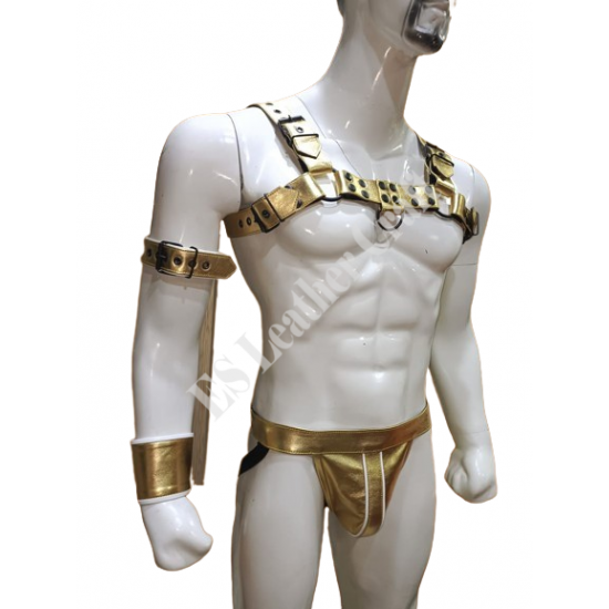 Men’s Gold Leather Chest Harness & Matching Pouch Set – Adjustable Handmade Leather Gear