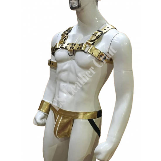 Men’s Gold Leather Chest Harness & Matching Pouch Set – Adjustable Handmade Leather Gear