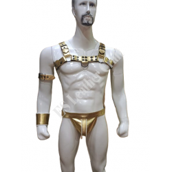 Men’s Gold Leather Chest Harness & Matching Pouch Set – Adjustable Handmade Leather Gear