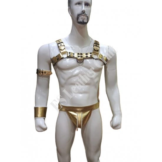 Men’s Gold Leather Chest Harness & Matching Pouch Set – Adjustable Handmade Leather Gear
