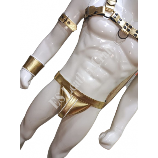 Men’s Gold Leather Chest Harness & Matching Pouch Set – Adjustable Handmade Leather Gear