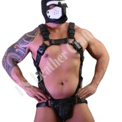 Men's Original Leather Bulldog Harness Chest Armor Buckle Pure Black with jockstrap Trojan Body Harness with Jockstrap Gifts for Him