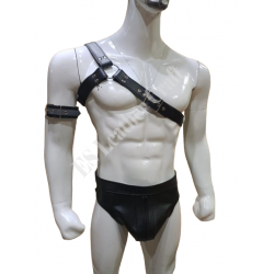 Men's Leather Shoulder Harness Brief Style Jockstrap 'Bondage Biker' - Adjustable Straps, Metal Buckles, and Riveted Details for BDSM, Fetish, and Kink Lifestyle Enthusiasts