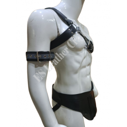 Men's Leather Shoulder Harness Brief Style Jockstrap 'Bondage Biker' - Adjustable Straps, Metal Buckles, and Riveted Details for BDSM, Fetish, and Kink Lifestyle Enthusiasts