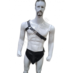 Men's Leather Shoulder Harness with Padded Brief Style Underwear - Adjustable Straps, Metal Buckles, and Riveted Details for BDSM, Fetish, Kink, and Erotic Lifestyle Enthusiasts