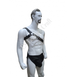 Men's Leather Shoulder Harness with Padded Brief Style Underwear - Adjustable Straps, Metal Buckles, and Riveted Details for BDSM, Fetish, Kink, and Erotic Lifestyle Enthusiasts