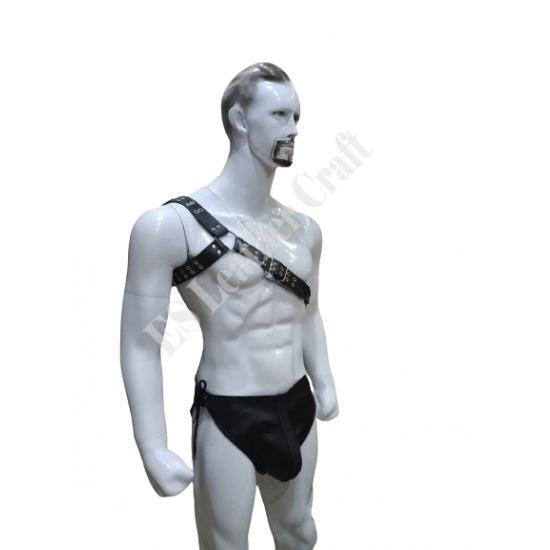 Men's Leather Shoulder Harness with Padded Brief Style Underwear - Adjustable Straps, Metal Buckles, and Riveted Details for BDSM, Fetish, Kink, and Erotic Lifestyle Enthusiasts Men's Leather Shoulder Harness with Padded Brief Style Underwear - Adjustable Straps, Metal Buckles, and Riveted Details for BDSM, Fetish, Kink, and Erotic Lifestyle Enthusiasts