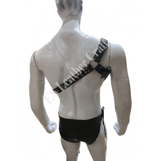 Men's Leather Shoulder Harness with Padded Brief Style Underwear - Adjustable Straps, Metal Buckles, and Riveted Details for BDSM, Fetish, Kink, and Erotic Lifestyle Enthusiasts Men's Leather Shoulder Harness with Padded Brief Style Underwear - Adjustable Straps, Metal Buckles, and Riveted Details for BDSM, Fetish, Kink, and Erotic Lifestyle Enthusiasts