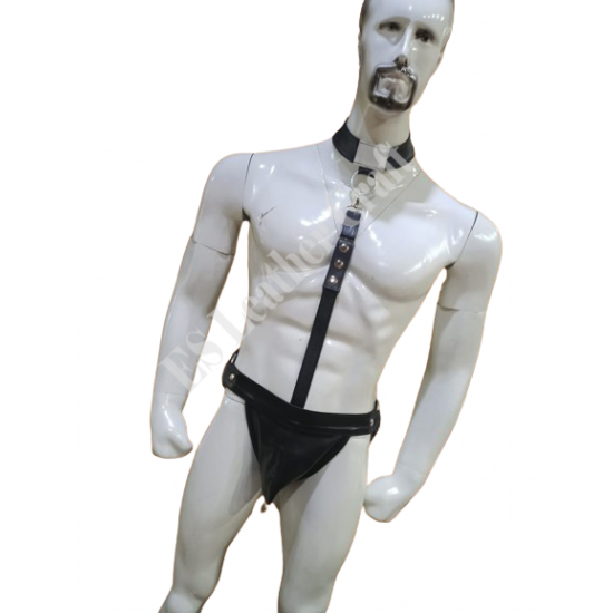 Men's Leather Neck Harness with Adjustable Front Strap Connecting Neck to Jockstrap - BDSM, Fetish, Kink, and Bondage Inspired Leather Gear for Men