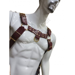 Men's Genuine Maroon & Black Leather Harness and Jockstrap with Golden Accessories, Handmade Leather Bulldog Barbarian Harness and Jockstrap