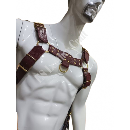 Men's Genuine Maroon & Black Leather Harness and Jockstrap with Golden Accessories, Handmade Leather Bulldog Barbarian Harness and Jockstrap