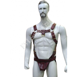 Men's Genuine Maroon & Black Leather Harness and Jockstrap with Golden Accessories, Handmade Leather Bulldog Barbarian Harness and Jockstrap