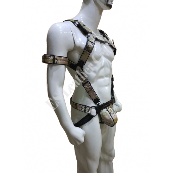 Men's Genuine Camo Leather Body Harness - Includes Jockstrap & Bicep Straps - Gay Leather Harness, BDSM, Fetish, and Kink Inspired Apparel Men's Genuine Camo Leather Body Harness - Includes Jockstrap & Bicep Straps - Gay Leather Harness, BDSM, Fetish, and Kink Inspired Apparel