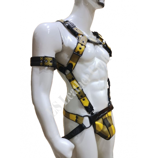 Men's 100% Genuine Yellow Printed Leather Harness with Jockstrap & Bicep Strap – Gay Body Harness, BDSM Chest Harness, Fetish Leather Harness for Men Men's 100% Genuine Yellow Printed Leather Harness with Jockstrap & Bicep Strap – Gay Body Harness, BDSM Chest Harness, Fetish Leather Harness for Men